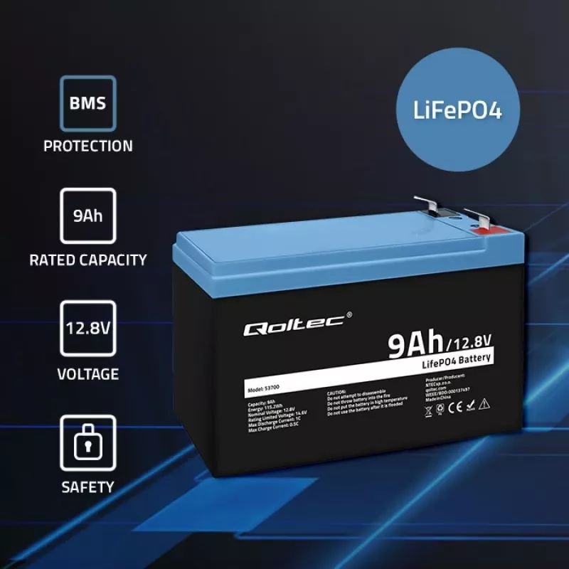 Bateria LiFePO4 Fosfato de ferro-lítio 12,8V 9Ah 115,2Wh