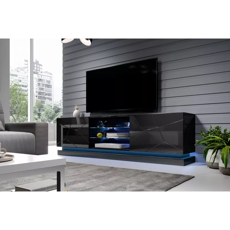 Móvel de TV Cama QIU 200 MDF preto brilhante/preto brilhante