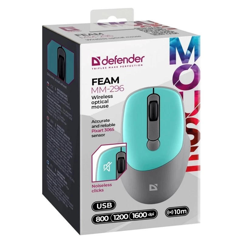 Defender Feam MM-296 52294 rato sem fios, clique silencioso, ótico, 1600 DPI, USB, menta