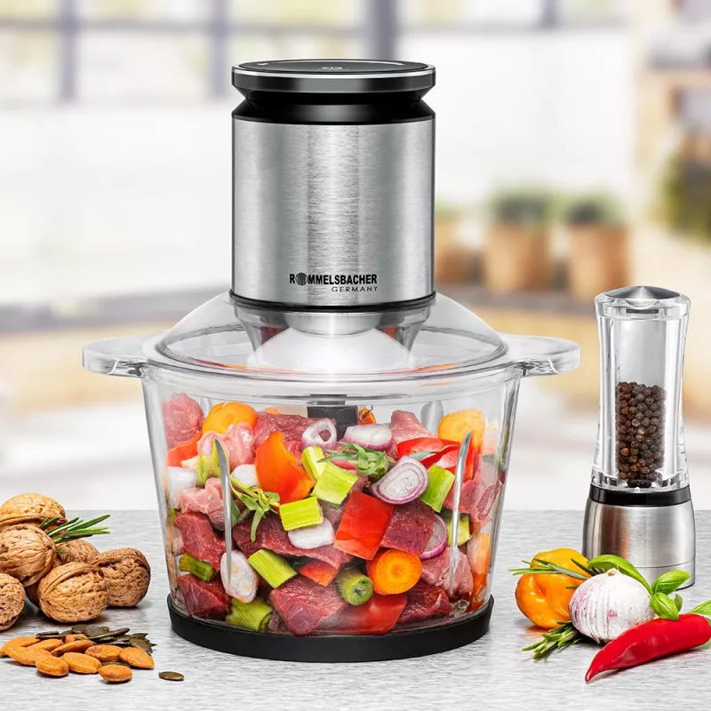 Picadora elétrica Rommelsbacher MZ 800, 800 W, taça de vidro de 2,7 L, 9 lâminas de aço inoxidável, regulação de 22 velocidades, preto aço inoxidável