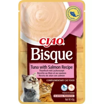 Snack húmido para gatos INABA Ciao bisque de atum com salmão 40 g — saqueta líquida com sabor a peixe, 86 % de humidade, 8 % de proteína