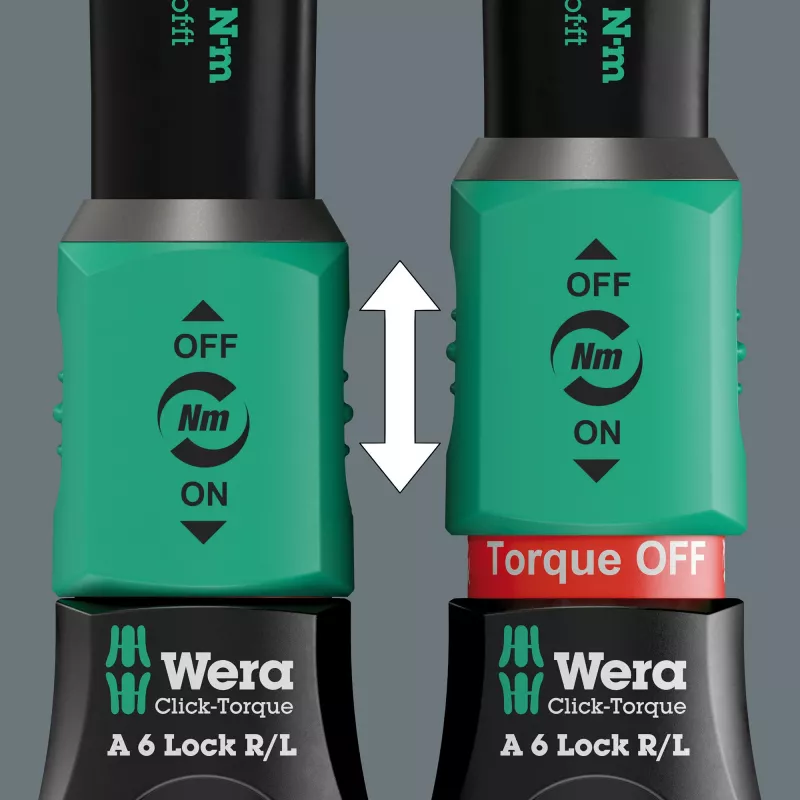 Chave Dinamométrica com Quadrado Passante Click-Torque Lock A 6 R/L preto/verde, Saída 1/4 Encaixe de Bits, 2,5 a 25 Nm