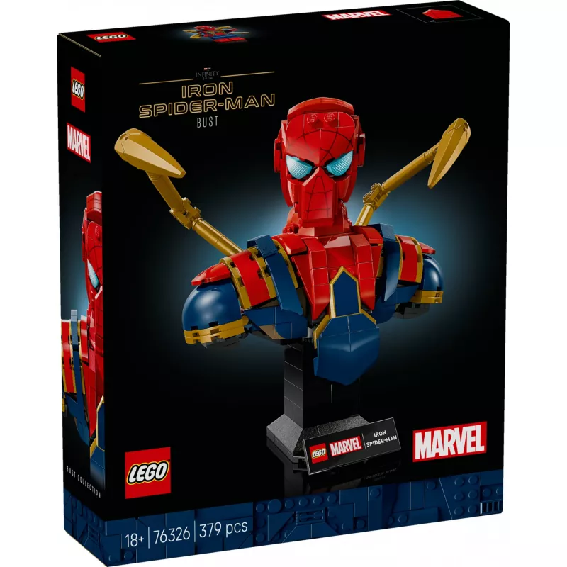 Busto de colecionador LEGO Marvel Iron Spider-Man 76326, 379 peças, modelo de exposição 18+, 170×200×110 mm