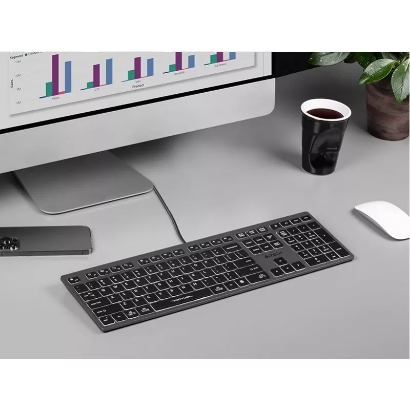 Teclado com fio A4Tech FX60H USB QWERTY – Full-Size 100%, retroiluminação branca, cinzento, hub USB