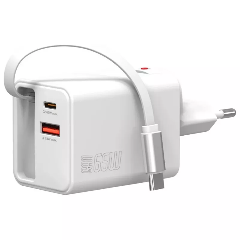 4smarts 541065 GaN Flex Jojo 65W carregador de parede, 2x USB-C PD + USB-A QC 3.0, cabo USB-C retrátil, 100-240V, branco