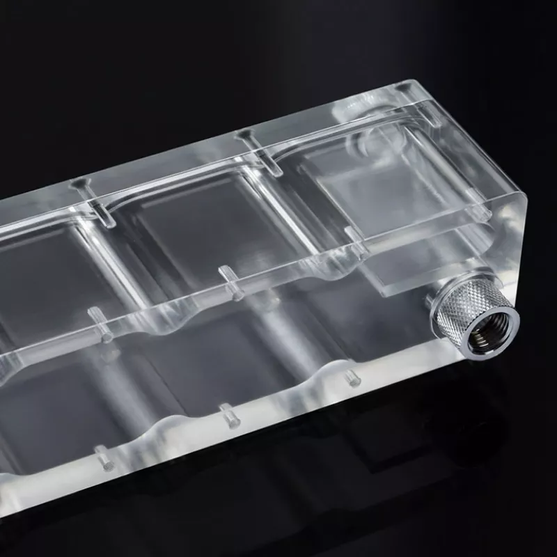Bomba BitsPower Tiny Tank SC6 200 PWM transparente – combinação compacta de bomba e depósito de compensação para refrigeração líquida