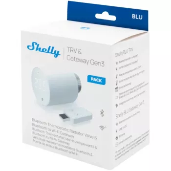 Conjunto de válvula termostática para radiador Shelly Heating Control BLU TRV + BLU Gateway Gen. 3 — M30×1,5, Wi‑Fi, pilhas AA, 78 mm de altura