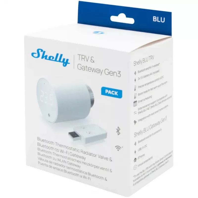 Conjunto de válvula termostática para radiador Shelly Heating Control BLU TRV + BLU Gateway Gen. 3 — M30×1,5, Wi‑Fi, pilhas AA, 78 mm de altura