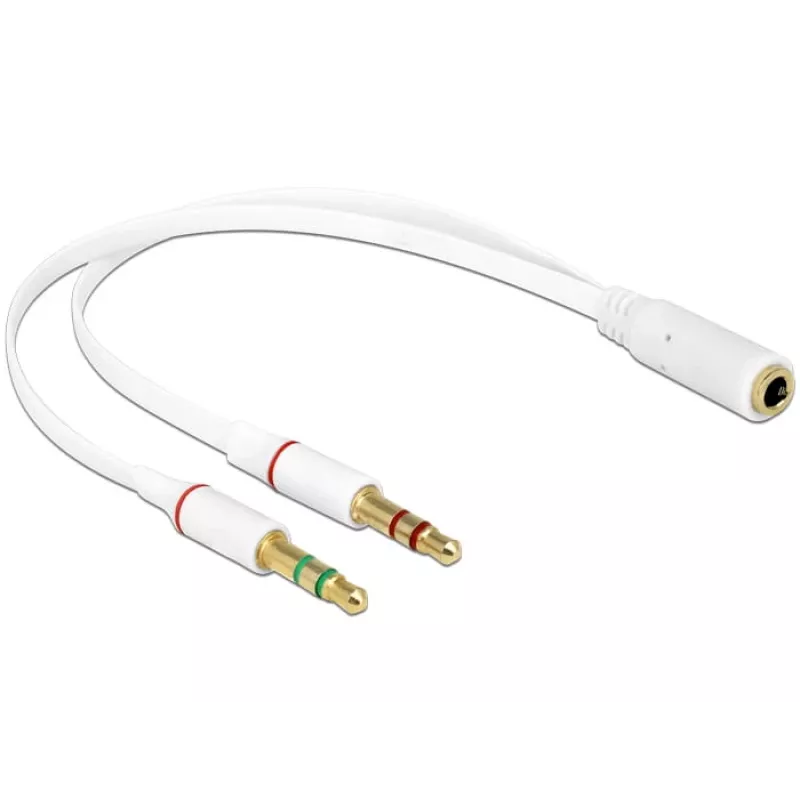 DeLOCK 65585 adaptador para auscultadores com microfone, 3,5 mm de 4 pinos fêmea para 2x 3,5 mm de 3 pinos macho, 0,2 m, branco