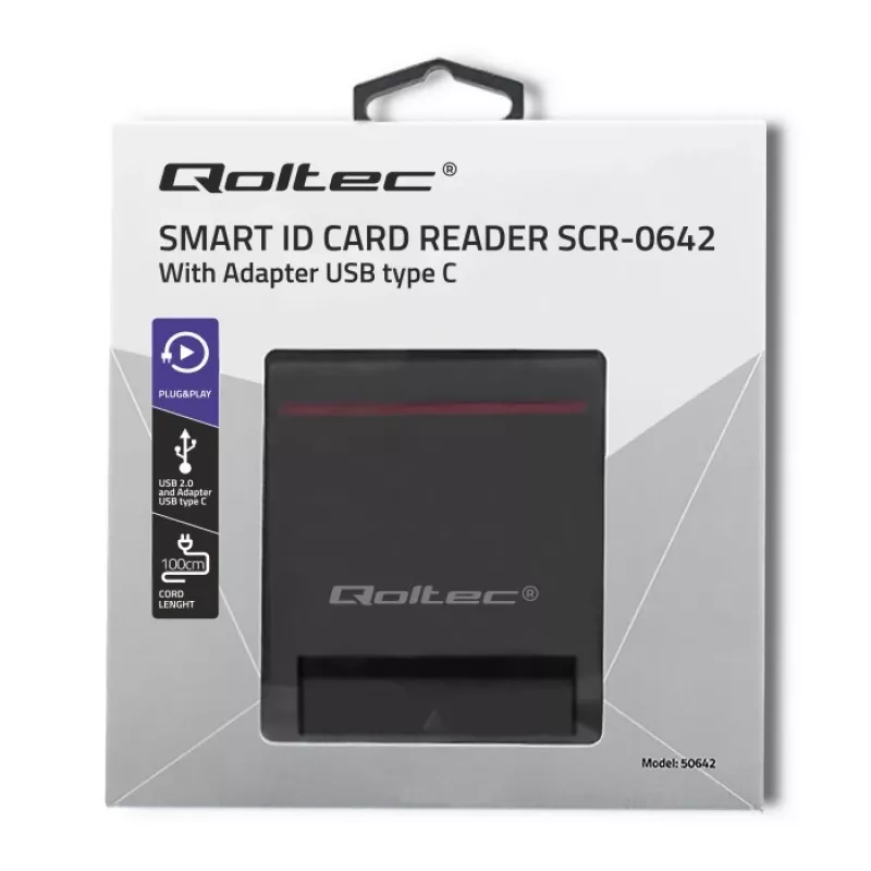 Leitor de cartões de ID QOLTEC Smart-Chip — USB, preto, 84,5×65×16 mm, 63 g