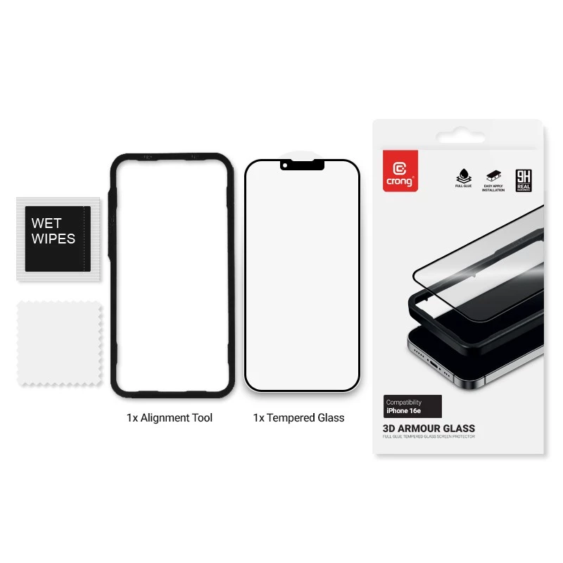 Película de vidro temperado Crong para iPhone 16e / 14 / 13 / 13 Pro — cobertura total 3D