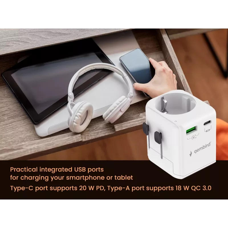 Fonte de alimentação de viagem GEMBIRD TPA-EU1A1C20-01-W 20W, USB-A 18W + USB-C 20W, tomada Schuko, entrada 100–250 V