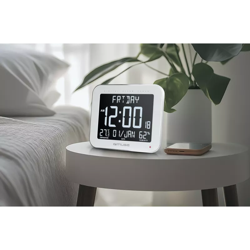 Muse M-090 WMC relógio digital de parede/mesa com alarme, ecrã LCD grande com retroiluminação automática, temperatura e humidade interiores, calendário, retangular, branco