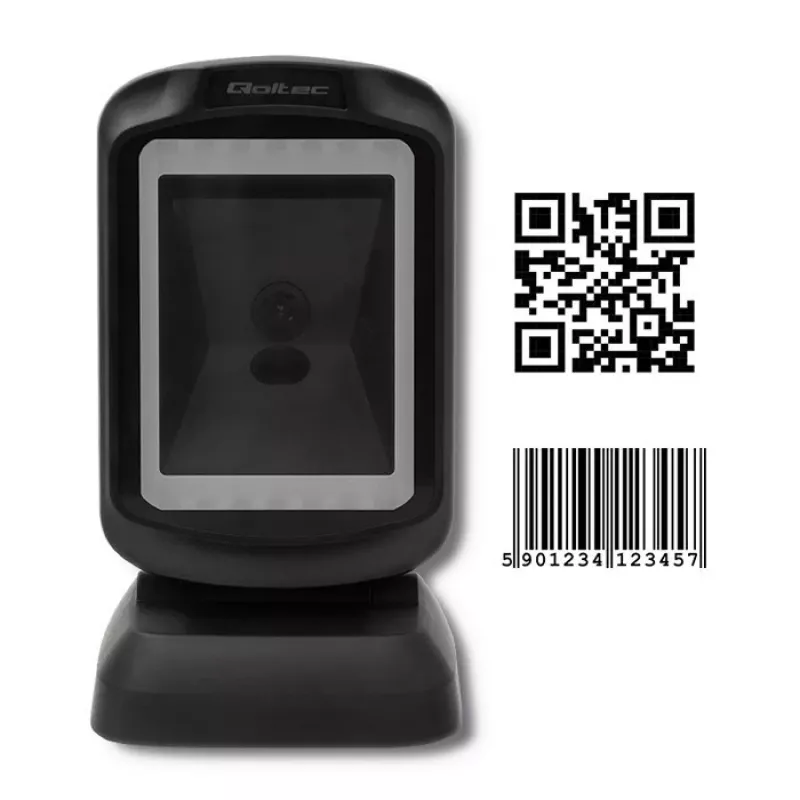 Leitor de códigos de barras fixo 1D/2D QOLTEC 50864, sensor LED, USB (com fios), preto, 145×85×80 mm