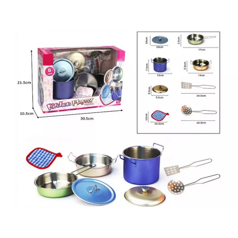 Conjunto de cozinha em metal 8 peças da Madej — utensílios e louça de cozinha de brinquedo em metal, acessórios para cozinha de brincar