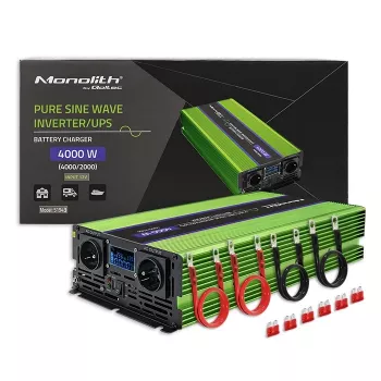 Qoltec Monolith Conversor de tensão | Carregamento de bateria | UPS | 2000W | 4000W | 12V para 230V | Onda sinusoidal pura | LCD preto-verde