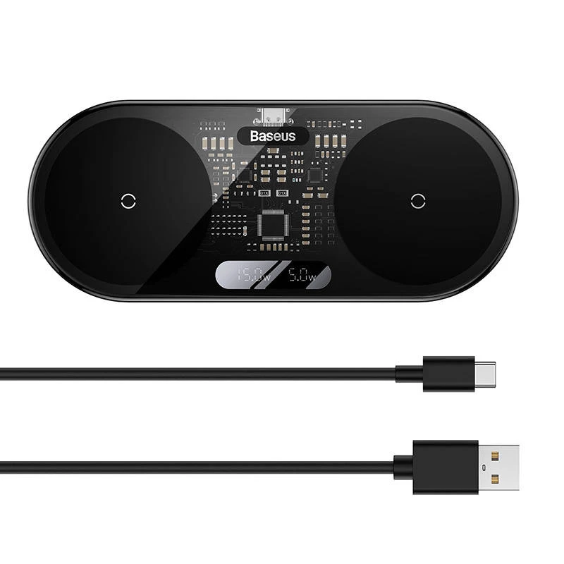 Baseus 2 em 1 20W com visor LED digital auscultadores pretos carregamento sem fios