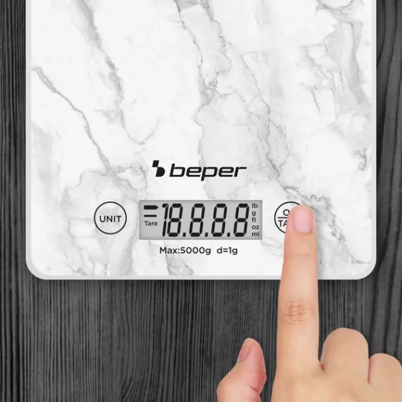 Balança de cozinha Beper P102BIL004 - digital, 5 kg, 1 g, mármore branco