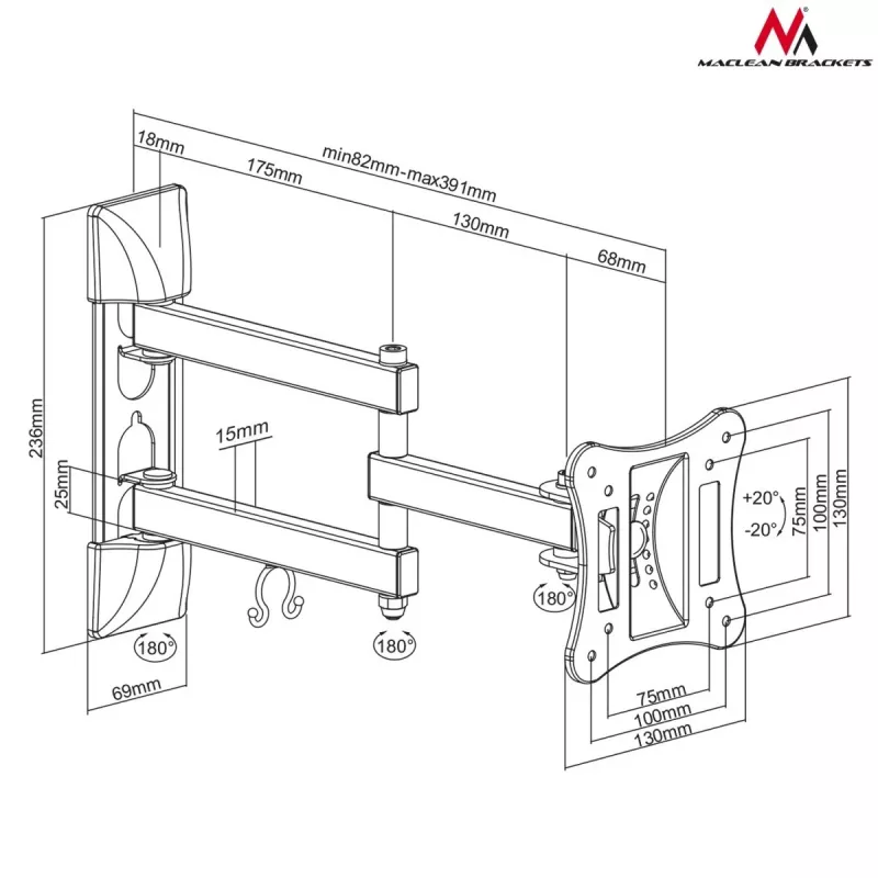 Suporte de parede para TV/monitor MACLEAN MC-719, para ecrãs até 68,6 cm (27