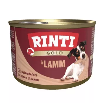 Ração húmida RINTI Gold Borrego 185 g — alimento completo para cães adultos em lata, 79% humidade, 10% proteína, 8% gordura