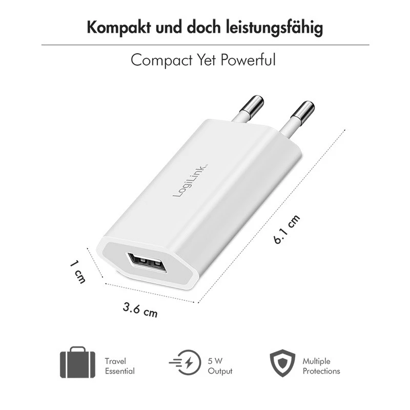 Adaptador de tomada USB-A, 5W, 5V/1A, 1xUSB-A branco