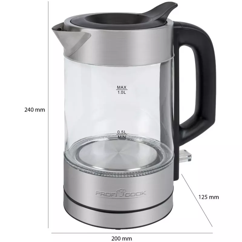 ProfiCook PC-WKS 1229 G chaleira 1 L 1600 W aço inoxidável, transparente
