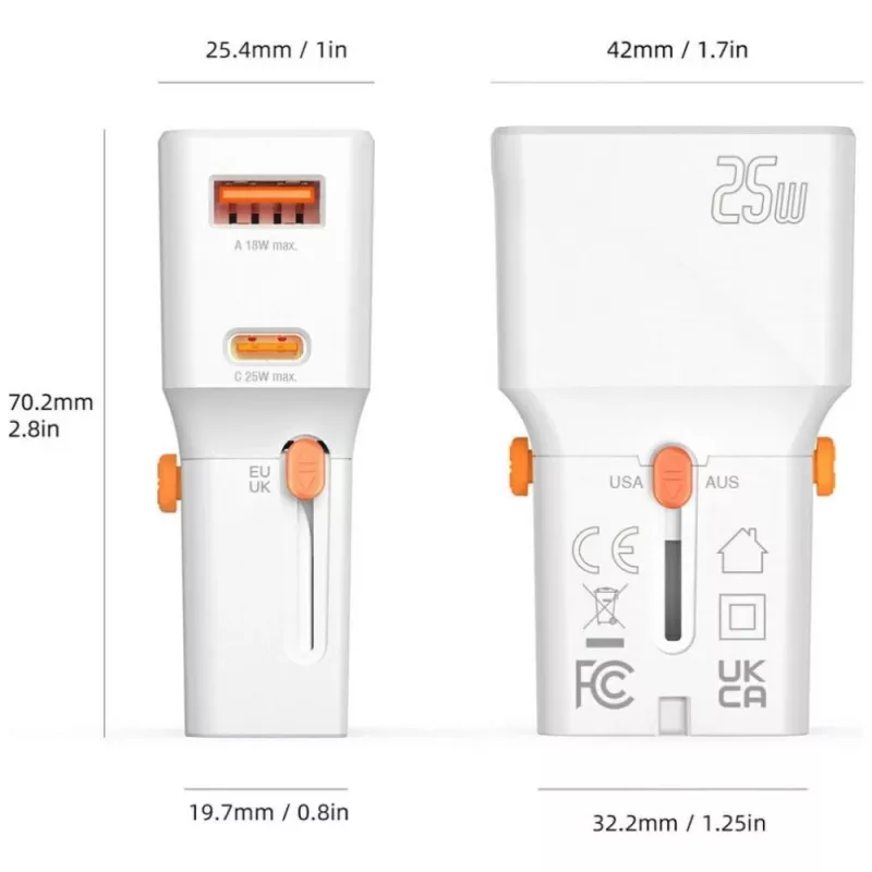 Carregador de viagem 25W World Travel 25W USB-C + A