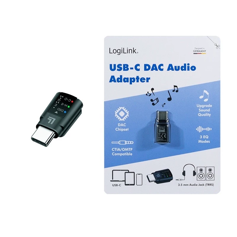 Adaptador de áudio DAC USB-C LogiLink. USB-C/M para 3,5 mm/F. preto
