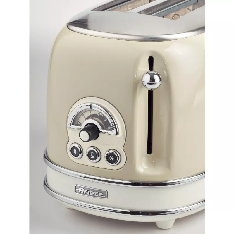 Torradeira Ariete 155 Design de 2 fatias com cestos para sanduíches, 6 níveis de tostagem, 810 W, caixa em aço inoxidável, gaveta de migalhas removível, bege pastel