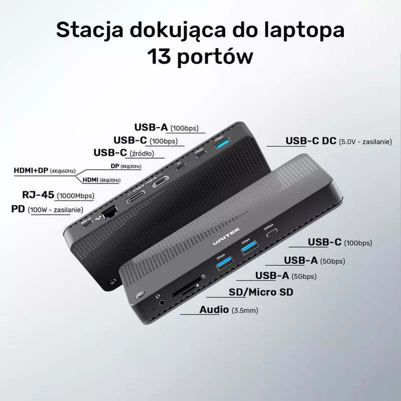 Docking station UNITEK D1079A USB4 com fios preto 100W Power Delivery
