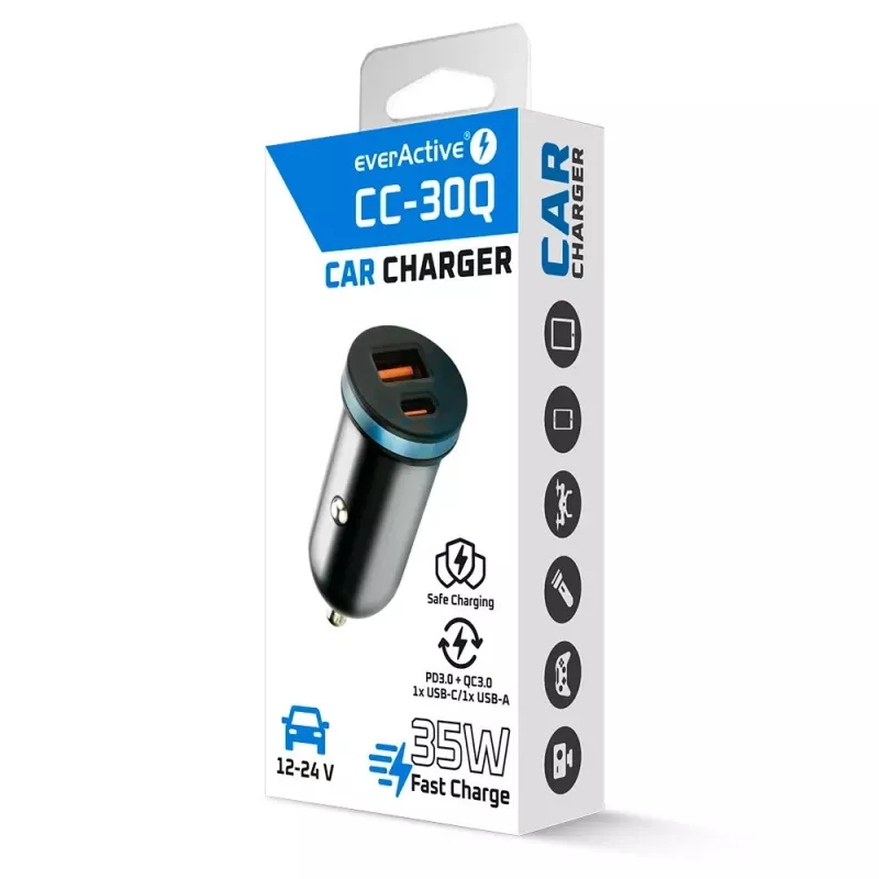 Carregador de automóvel everActive CC-30Q QC3.0 35W – 1x USB-A, 1x USB-C, carregamento rápido