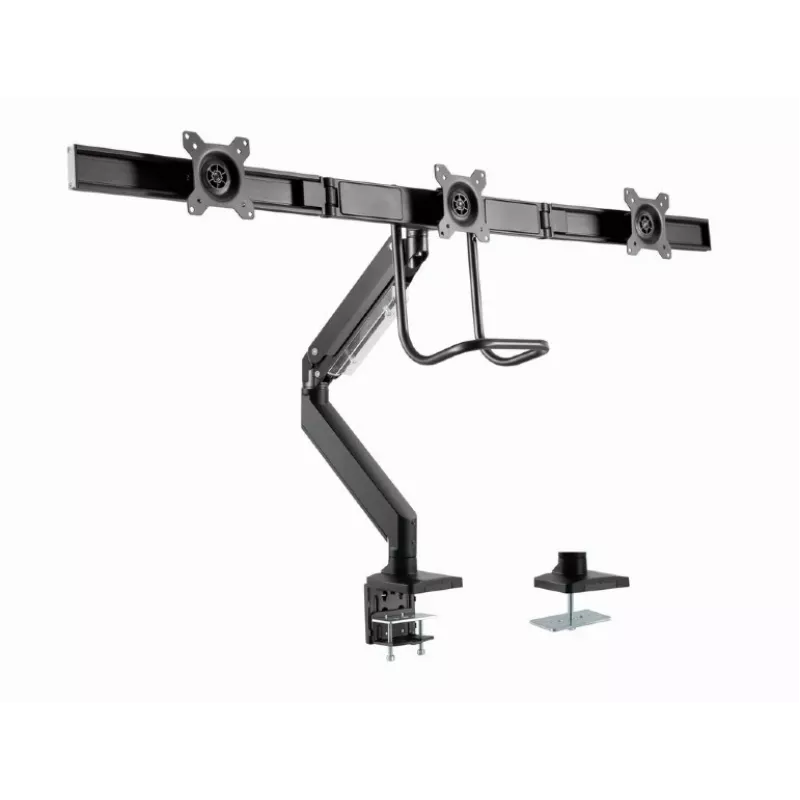 Suporte de monitor de secretária GEMBIRD MA-DA3-03, 3 braços, mola a gás, VESA 75–100x100, suporta 3 ecrãs até 27 polegadas, máx. 18 kg, preto