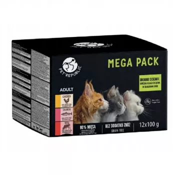 Sacos de alimento húmido para gatos PetRepublic 12x100g — frango, salmão, vitela