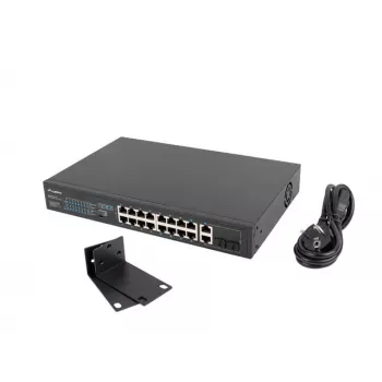 Switch não gerido LANBERG RSFE-16P-2C-150 — 18 portas Gigabit, 16 PoE+/2 SFP, 150 W total, 1U rack, metal, preto