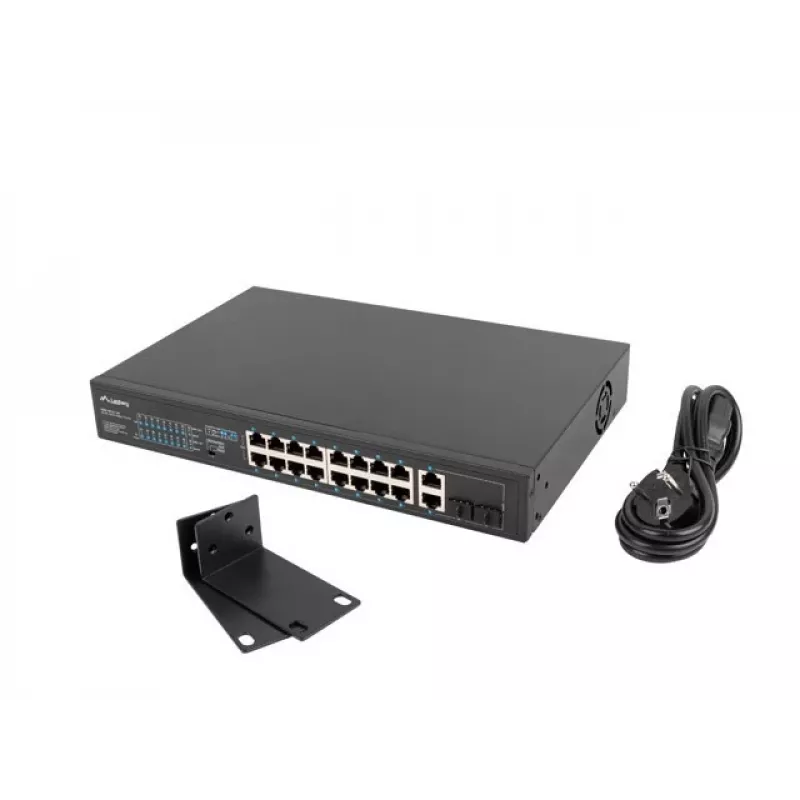 Lanberg RSFE-16P-2C-150 switch PoE+ não gerido, 16x 10/100 PoE+, 2x combo Gigabit, 150 W, rack 1U