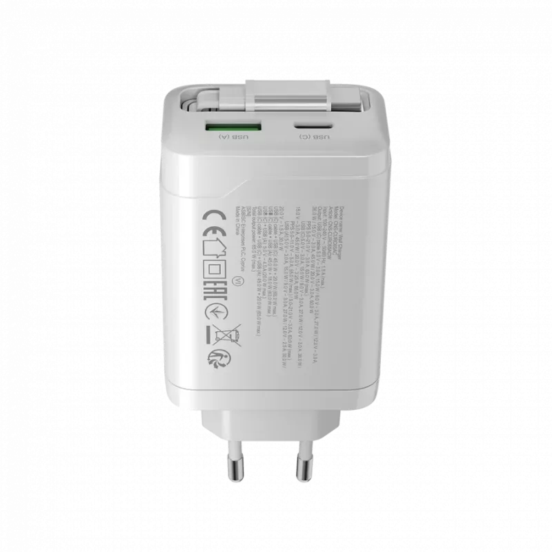 Carregador CANYON OnCharge 65RC com cabo USB-C integrado 65W, 1x PD, 1x QC, ficha EU, branco