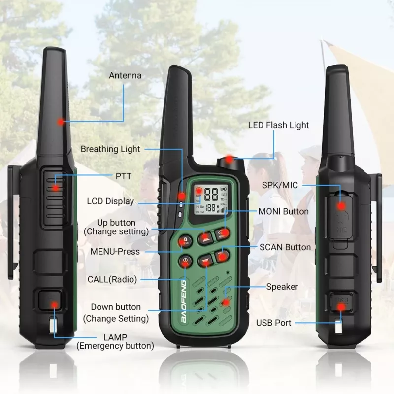 Rádio portátil Baofeng BF-T25E — 16 canais, 2×1400 mAh Li‑Ion, VOX, LCD, verde, conjunto de 2
