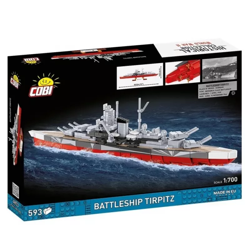 Conjunto de construção Cobi Couraçado Tirpitz modelo com 593 peças, à escala e com características de exposição