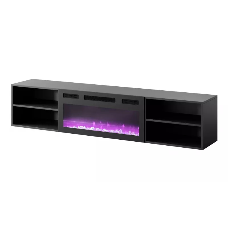 Móvel de TV Cama Meble POLO 180x33x39 cm com lareira elétrica 1400–1600 W, preto, 2 prateleiras, laminado