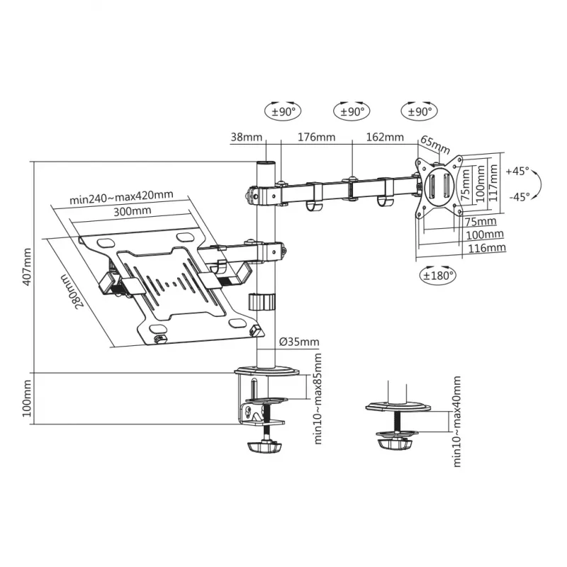 Suporte de parede para monitor SBOX LCD-LM01-2 para ecrãs 13–27 polegadas, carga máx. 12 kg, VESA 100x100