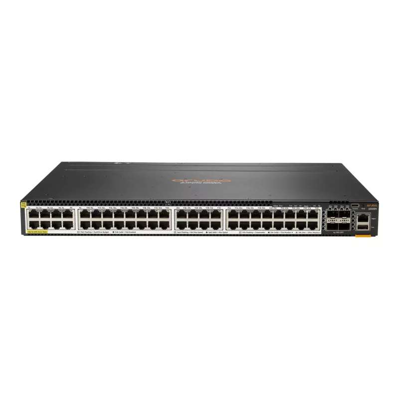 Hewlett Packard Enterprise HPE Aruba 6300M - Switch - L3 - gerido - 48 x 100/1000/2,5G/5G (PoE+) + 4 x 1 Gigabit / 10 Gigabit / 25 Gigabit / 50 Gigabit SFP56 (Uplink / Stacking)