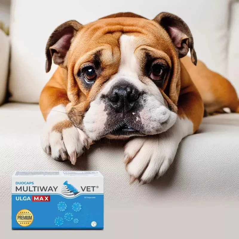 Cápsulas twist-off JM Sante Multiway Vet Duocaps Ulga Max – 60 unid., para alívio de stress e mal-estar em cães e gatos adultos, 150 g