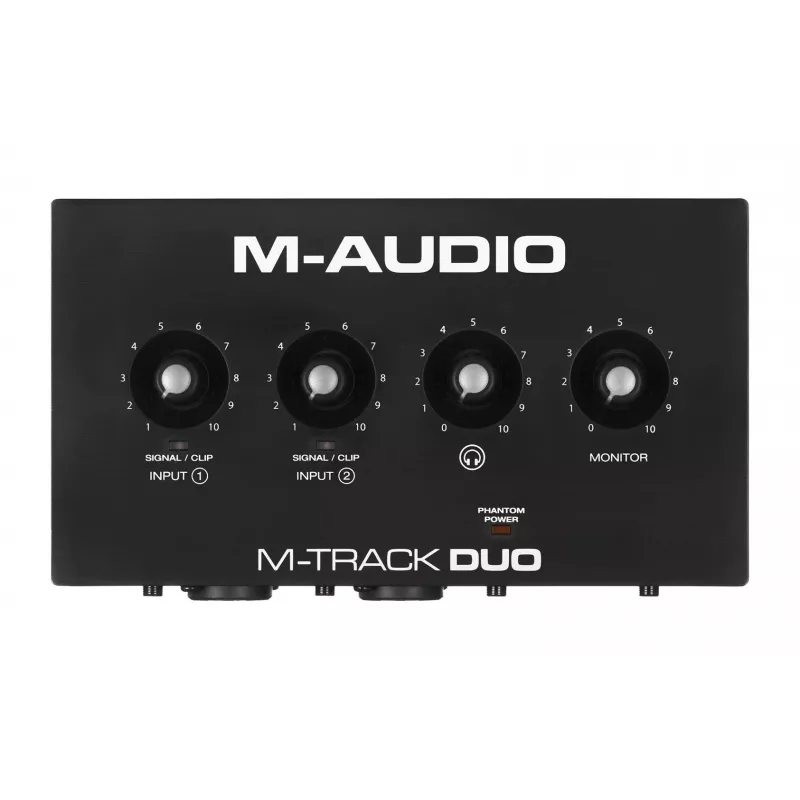 Interface de áudio M-Audio M-Track Duo — USB 2-in/2-out, 16-bit/48 kHz, 1x XLR/TS combo, 1x entrada de instrumento, alimentação fantasma 48V