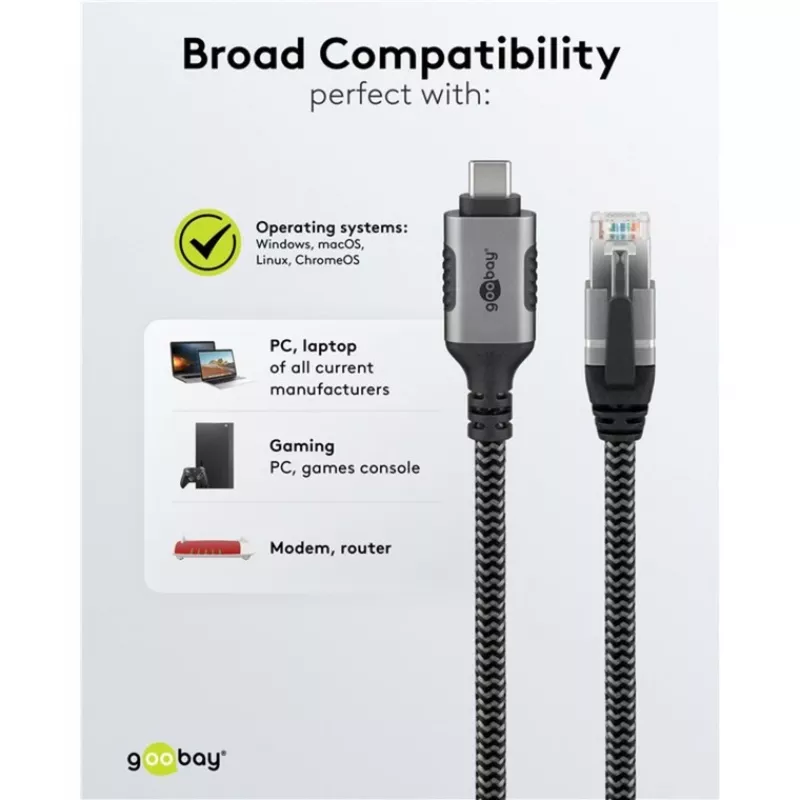 Goobay 70752 cabo Ethernet de USB-C 3.1 para RJ45, Cat6 F/UTP, 5 m, preto/prateado