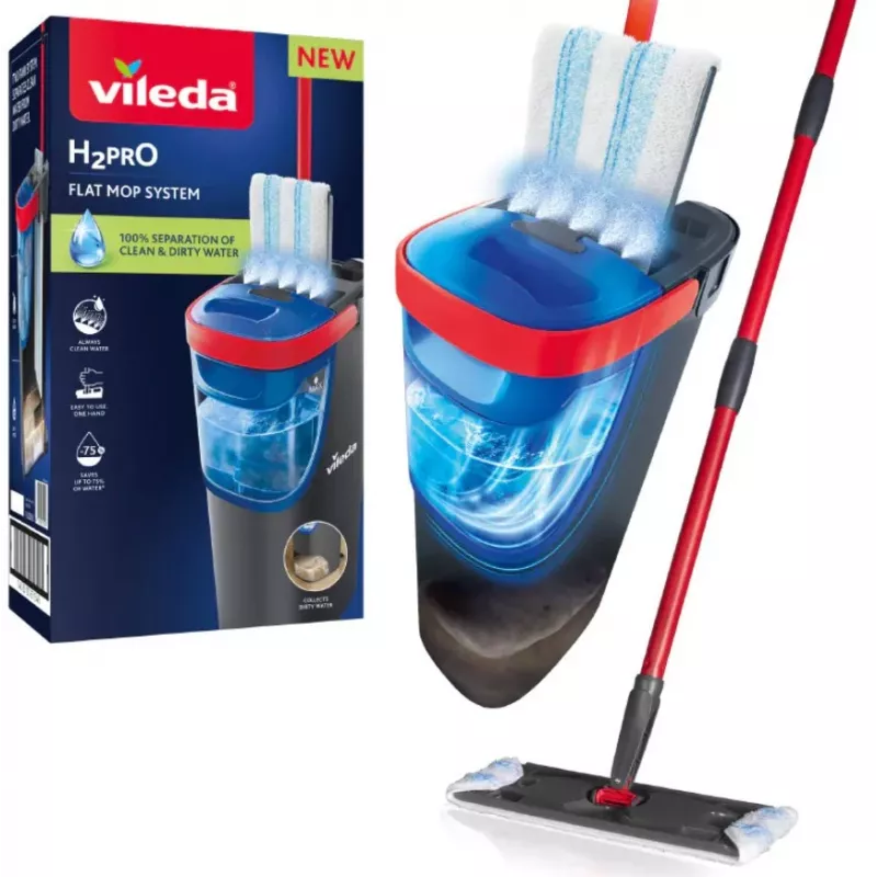 Vileda H2PrO 175775 conjunto de esfregona plana com sistema de dois depósitos, microfibra, preto/vermelho