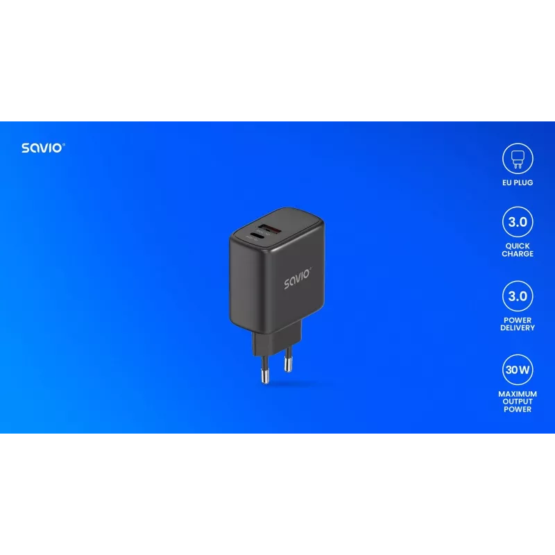 Carregador de parede SAVIO LA-06/B 30 W, USB-A + USB-C, Quick Charge, Power Delivery 3.0, preto