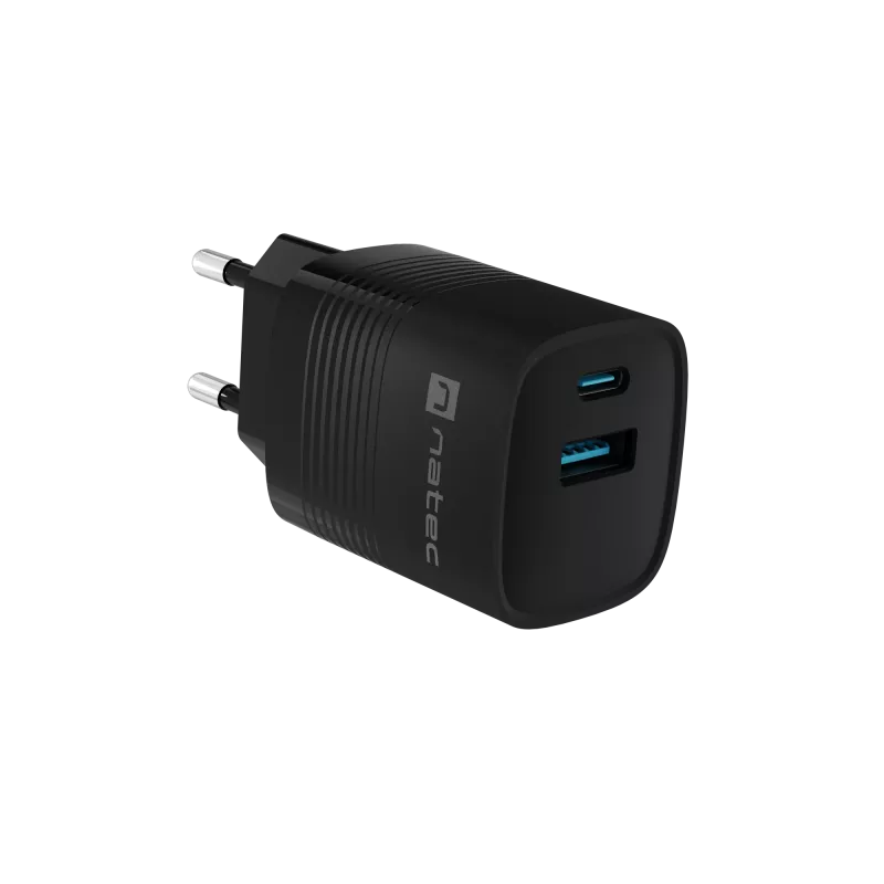 Carregador com fio NATEC para dispositivos móveis NUC-2141, 30W, USB-C PD 3.0 + USB-A QC 3.0, 110–240V, preto