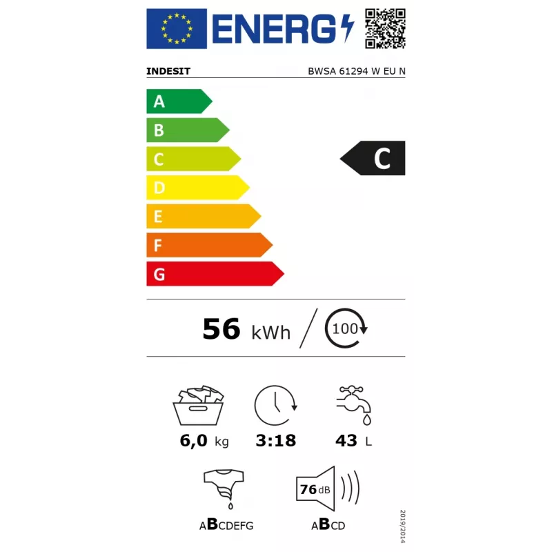 Máquina de lavar roupa Indesit BWSA 61294 W EU N — carga frontal, 6 kg, 1151 rpm, profundidade 42,5 cm, largura 59,5 cm, visor, Big Digit, branco, classe energética C