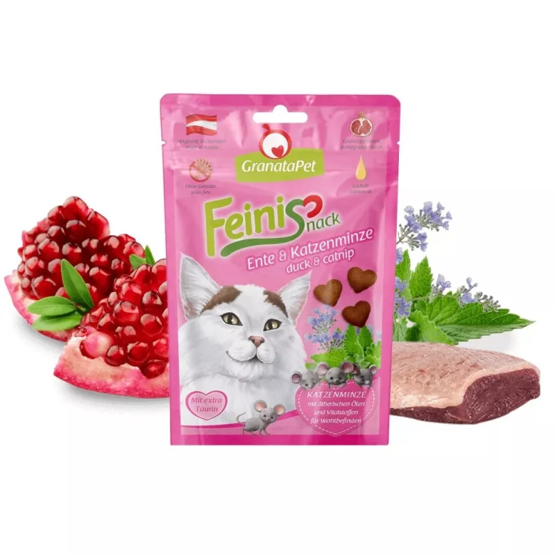 Petiscos para gatos Fox4Pets GRANATAPET FeiniSnack pato e erva-gateira, saqueta firme de carne, 50 g, sem açúcar, sem glúten