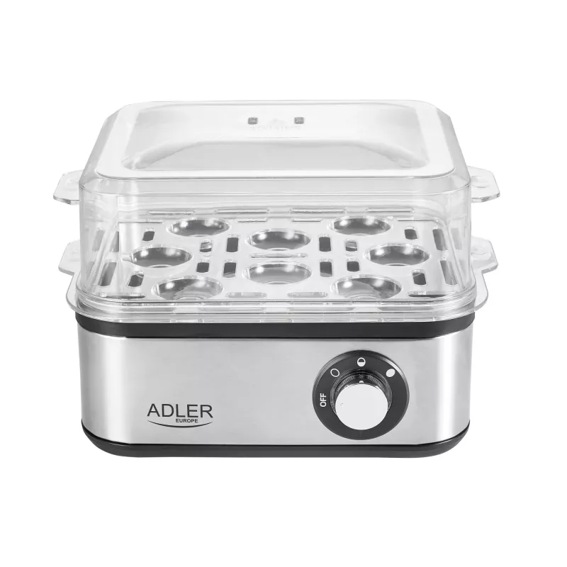 Cozedor de ovos Adler AD 4486 — capacidade para 8 ovos, 800 W, aço acetinado preto com tampa transparente